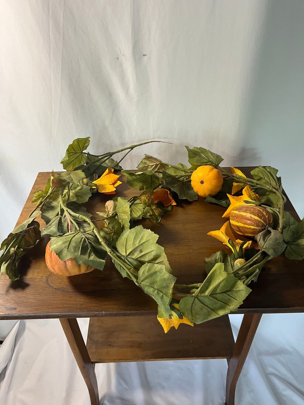 Artificial Fall Garland Faux Pumpkins Gourds Blossoms Green Leaves Autumn Decor